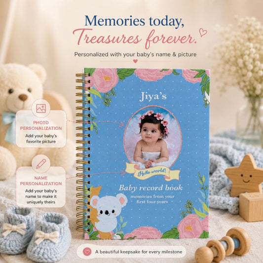 Baby memory book | Personalized with the picture & name | 0 to 4 years | A5 Size | Blue - Bop Canvases