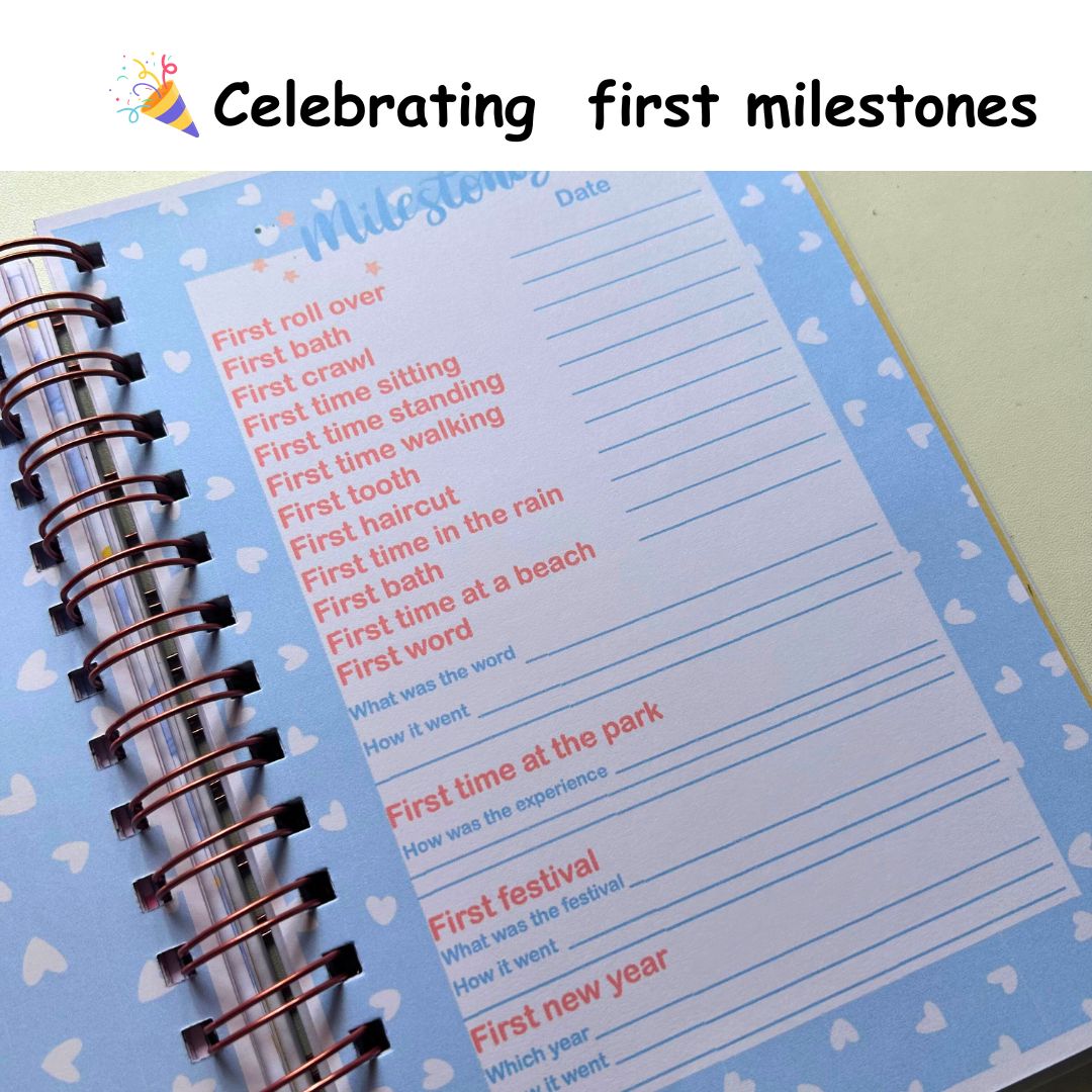 Baby Milestone Journal - Sleepy baby blue | 0 to 4 years | A5 Size - Bop Canvases