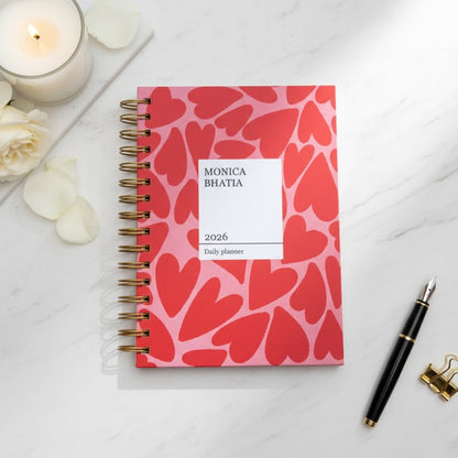 Undated Yearly Planner | Personalized with your name (Red Hearts)