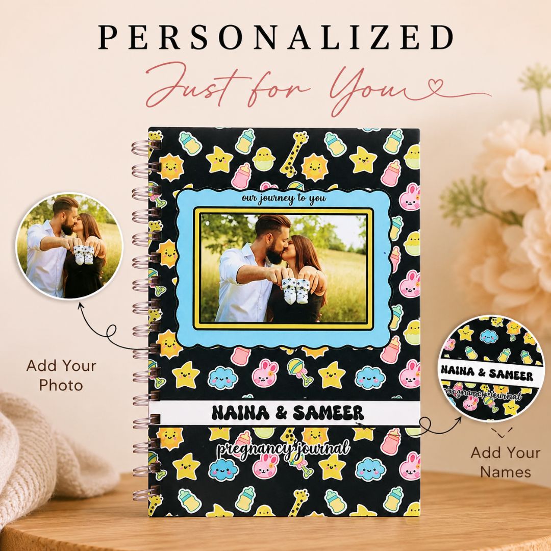 Pregnancy Journal - Picture & Name personalized | Desgined for 9 months (Baby Bliss - Black) - Bop Canvases
