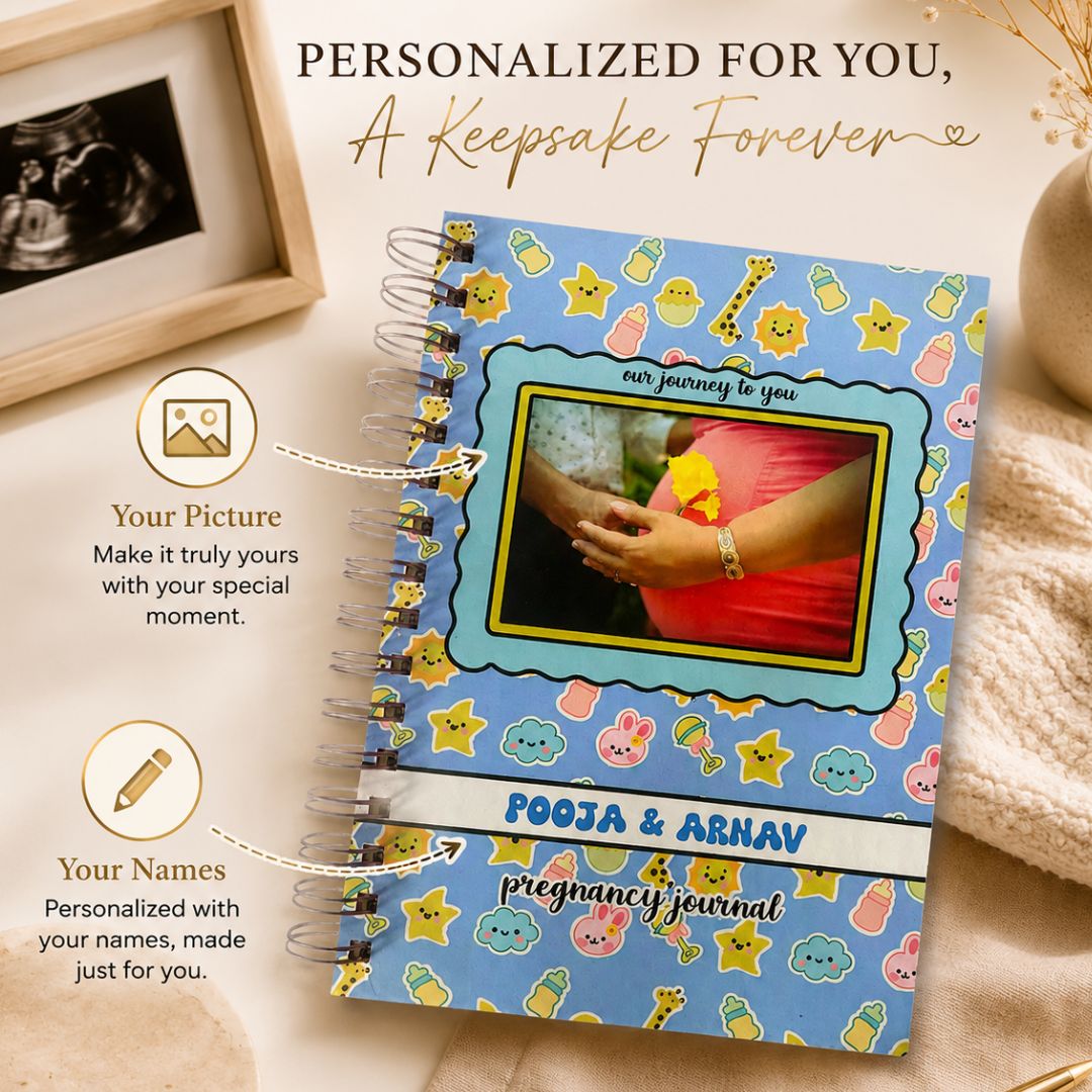 Pregnancy Journal - Picture & Name personalized | Desgined for 9 months (Baby Bliss - Blue) - Bop Canvases