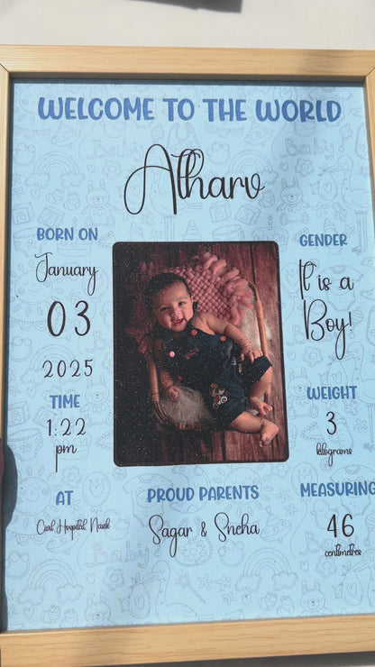Baby birth personalized photo frame | A4 size | Welcome to the world - Blue