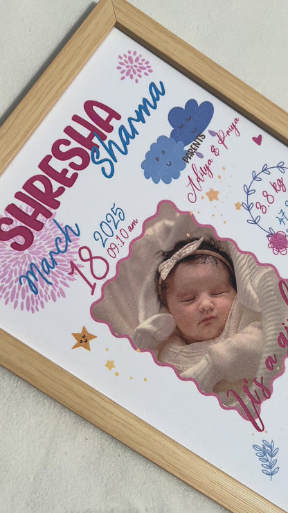 Baby birth personalized photo frame | A4 size | Little star - Pink
