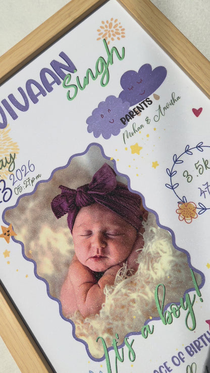 Baby birth personalized photo frame | A4 size | Little star - Purple