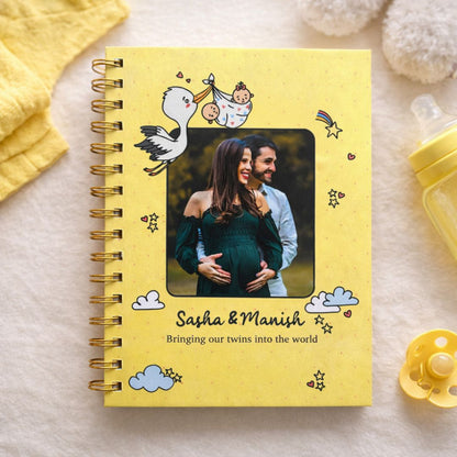 Twin Pregnancy Journal - Picture & Name personalized | Desgined for 9 months (Double trouble - Yellow) - Bop Canvases